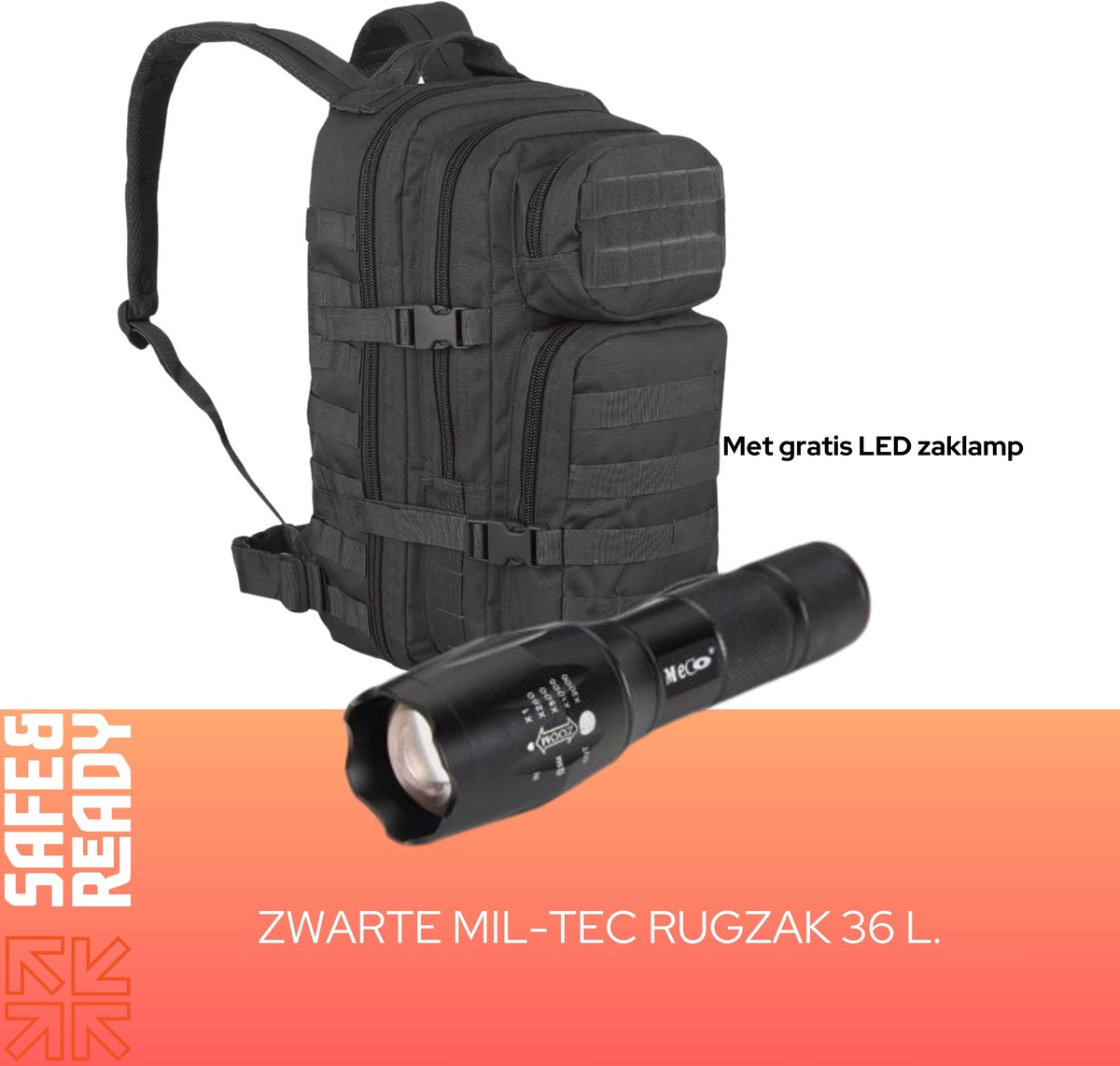 Miltec Backpack US Assault Molle Large - Rugzak - Zwart - 36 L - Outdoor - Survival- Met GRATIS LED ZAKLAMP !!