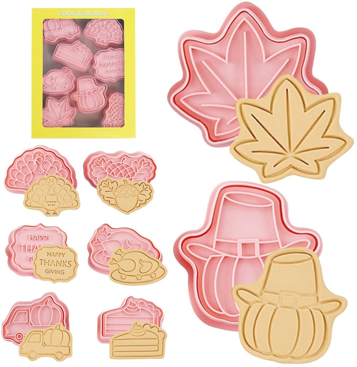 MTTproducts- Uitsteekvormen Set van 8 - 3D-uitsteekvormpjes - Thanksgiving - Koekjessnijders - Eikenblad/Pompoen - Kunststof voor levensmiddelen - Koekjesvormpjes