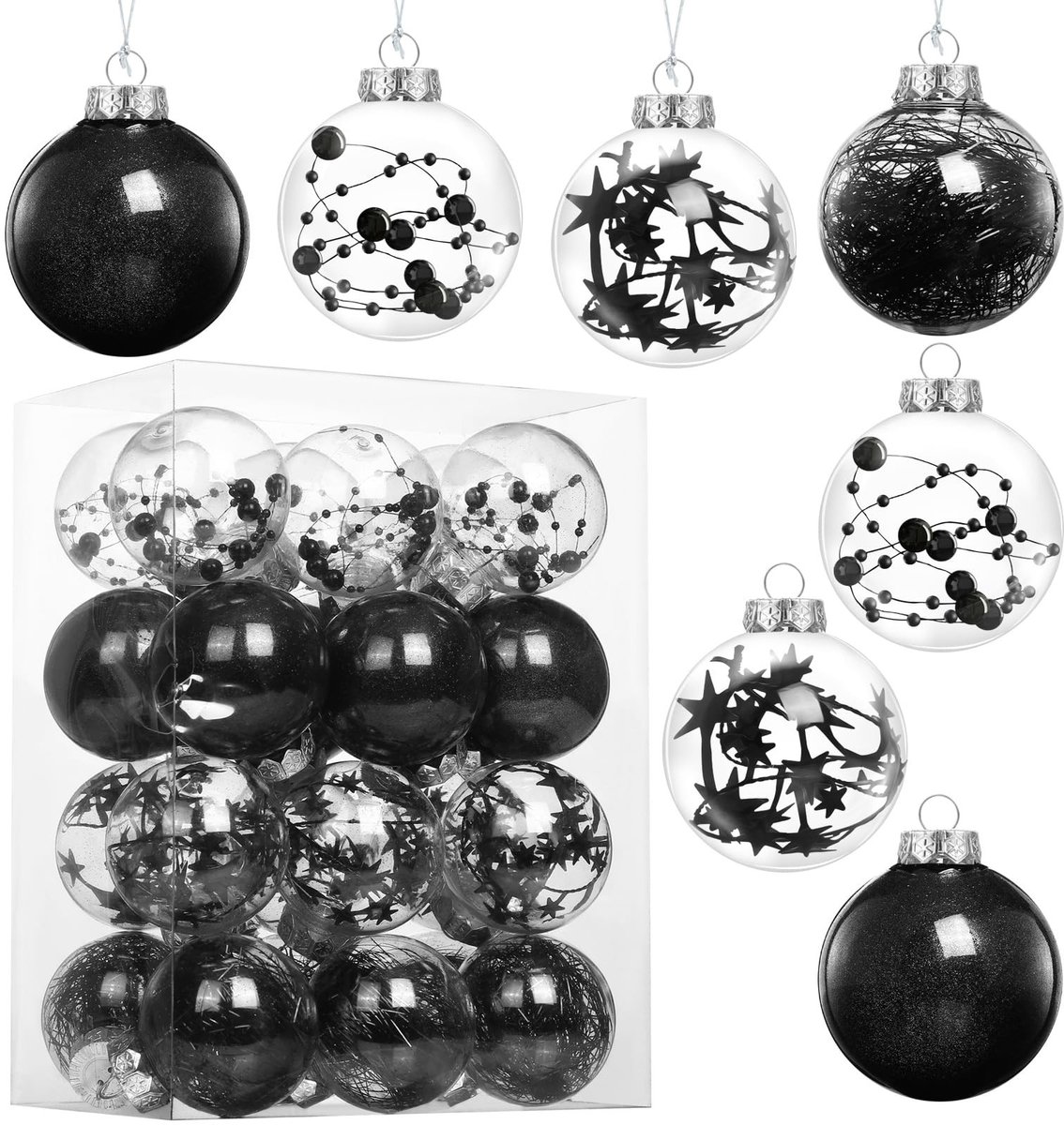 MTTproducts- Kerstbal 24 x Glitter - Kunststof - Ronde Ornamenten - 6 cm - Drupbestendig - Waterdicht - Afneembaar Deksel - Kerstversiering
