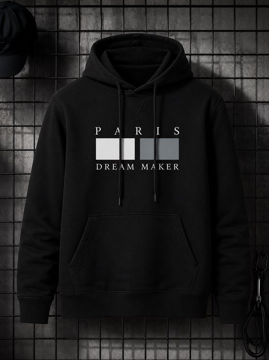 Zwarte hoodie met "PARIS DREAM MAKER" logo.