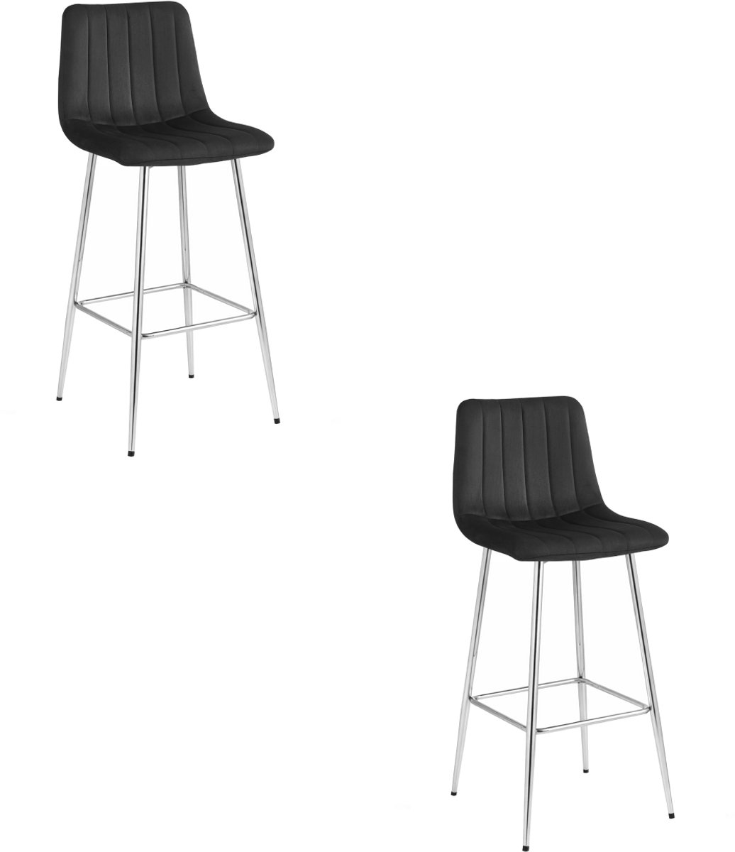 LEOBERT Set van 2 Barkrukken POZZA - Zwart Fluweel - Zilveren Metalen Poten - Moderne Barkruk met Rugleuning Zwart/Zilver