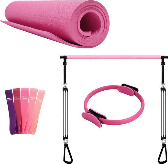 Pilates Complete Set Roze – 8 mm TPE Yogamat – Pilates Ring – Pilates Bar – 5 Weerstandsbanden – Latexvrij – Home Workout Set