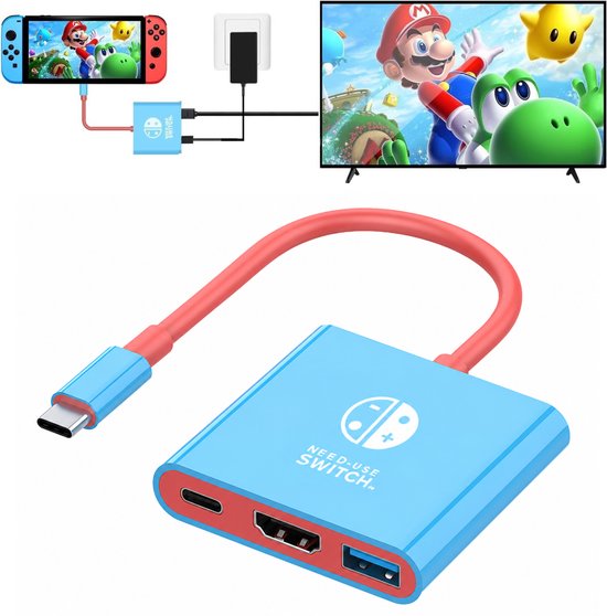 Blauwe adapter met rode kabel, USB-C, HDMI en USB 3.0 poorten. Toont aansluitingsschema.
