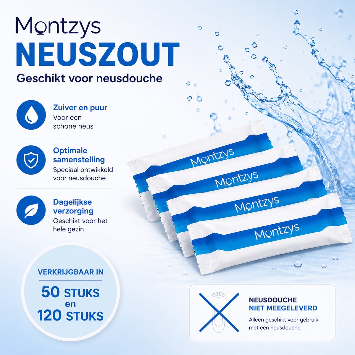 Montzys® Neus Spoelzout Set - 120 Stuks - Geschikt voor Neusreiniger, Neusdouche & Neusspoeler - Neti Pot met Nasaal Zout - voor Kinderen, Baby & Volwassenen — cadeau in Cadeau-ideeën - foto 2