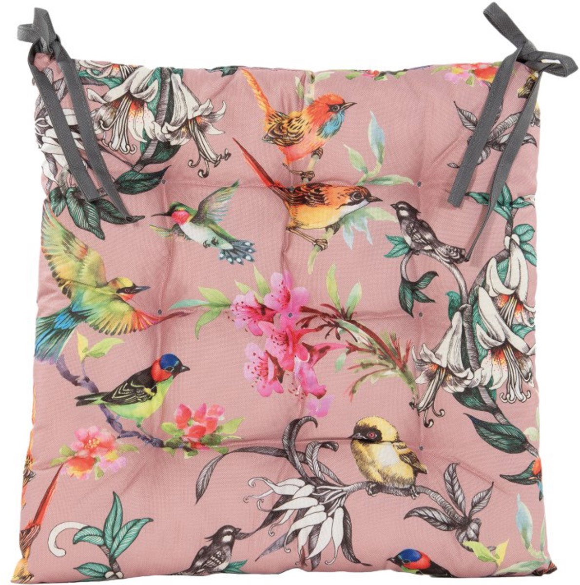 Annas collection - Stoelkussen gewatteerd vogels 38x38 cm oud roze