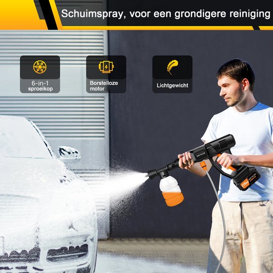 6-in-1 Krachtige Draadloze Hogedrukreiniger 21V - Ideaal voor Auto Wassen, Tuinmeubels en Terrassen - Met 2 Lithium Accu's - Schuimfles & 5m Slang — afbeelding 2