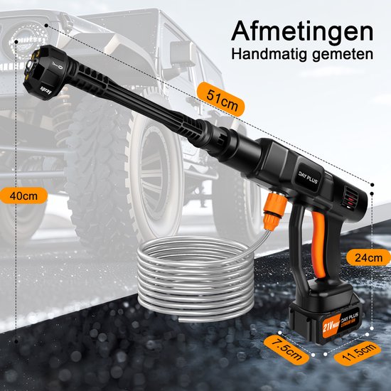 6-in-1 Krachtige Draadloze Hogedrukreiniger 21V - Ideaal voor Auto Wassen, Tuinmeubels en Terrassen - Met 2 Lithium Accu's - Schuimfles & 5m Slang — afbeelding 5