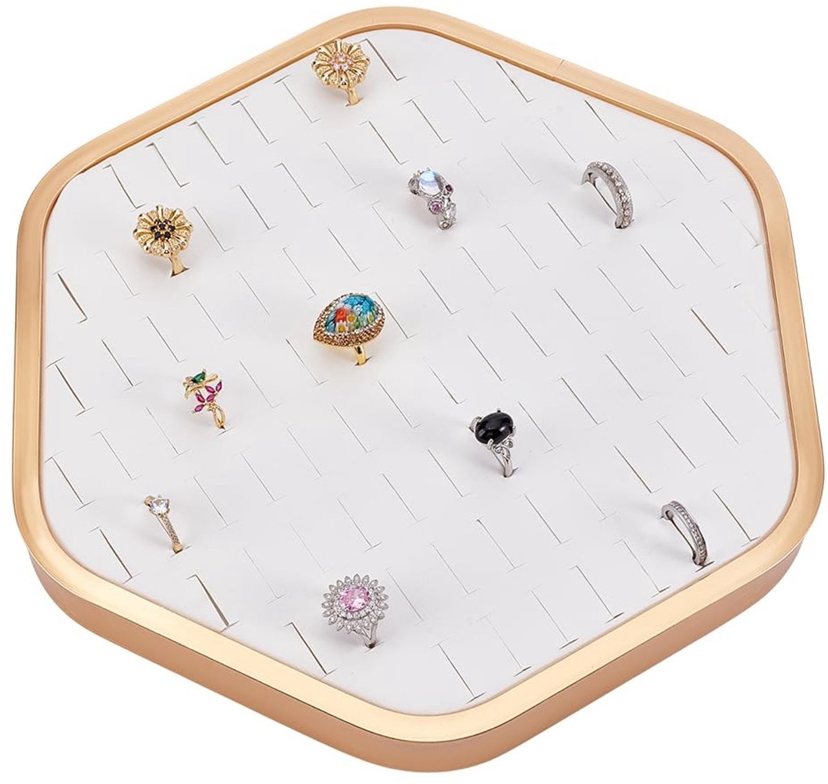 Cosensi- Ringorganizer stapelbaar - 92 sleuven - Zeshoekig design - Kunstleer - Sieraden opberger - Afmetingen 27 x 29,8 cm - Sieradenopberger