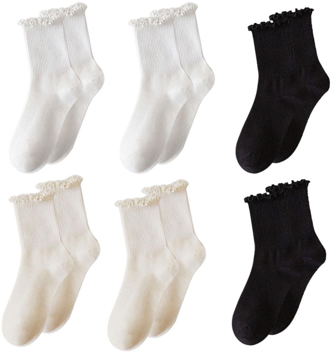 Cosensi- Frilly Sokken 6 Paar - Zwart/Beige/Wit - Enkelsokken Dames - Ruche Sokken - Mode Sokken - Comfortabel en Ademend