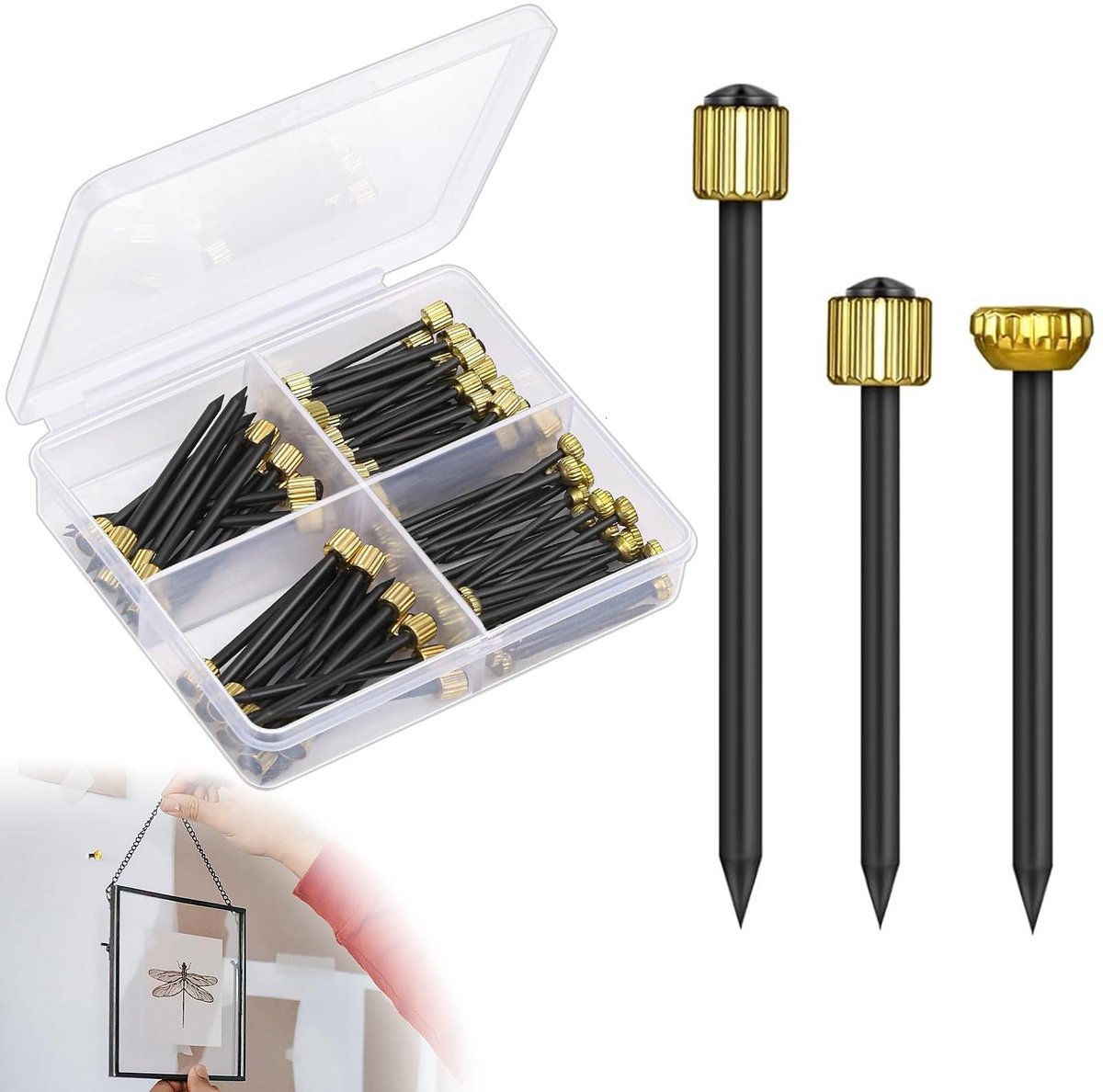 Cosensi- Foto Spijkers 150 Stuks - Messing Hoofd - Schokbestendig - Houten Bevestiging - Herbruikbaar - Diverse Maten - Foto Haken