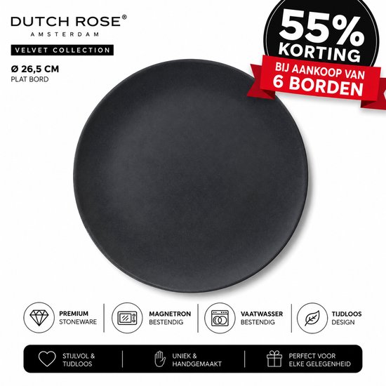 Dutch Rose Velvet - Assiette Plate Dutch Rose 26,5 cm Zwart Mat