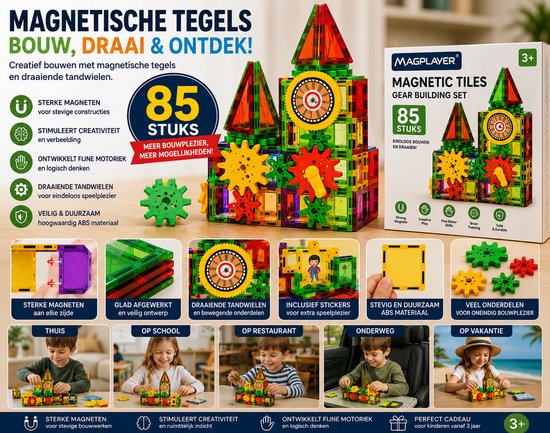MAGPLAYER Magnetische Tegels 85 Stuks met Tandwielen – Magnetisch Bouwspeelgoed – STEM & Montessori Speelgoed – Educatief Constructiespeelgoed voor Kinderen vanaf 3 Jaar