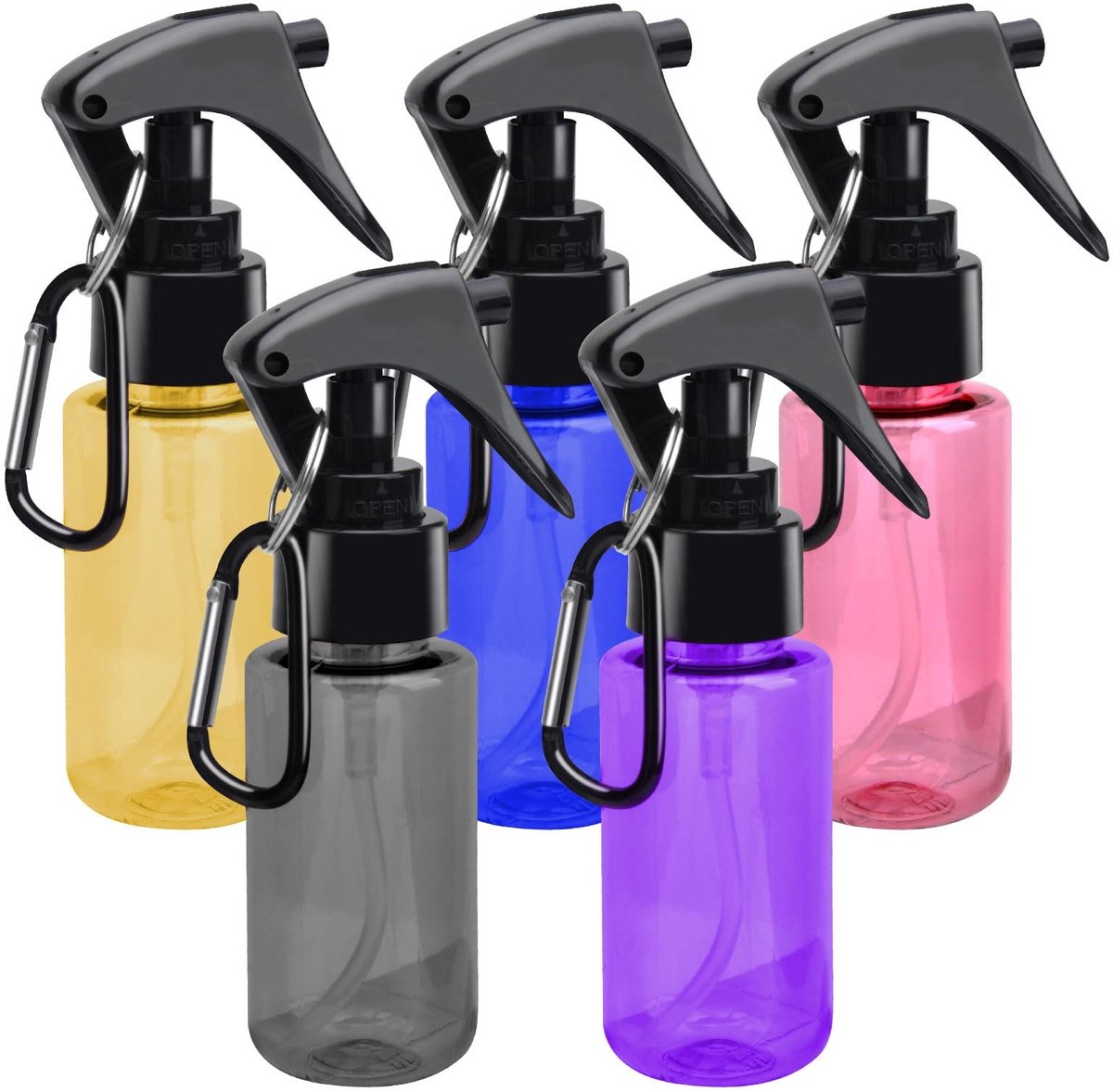 Cosensi- Sprayflessen Set van 5 - 60 ml Capaciteit - Mini Sprayflessen met Haak - Refillbare PET Flessen - Geschikt voor Essentiële Olie - 6 Kleuren - Mini Sprayfles