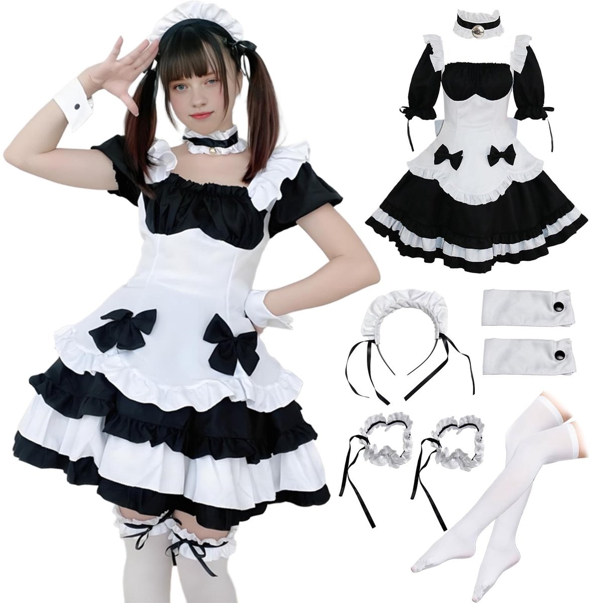 Cosensi- Dienstmeisjeskostuum Zwart-Wit - Cosplay Outfit - Hoofdband - Korte Rok - Maten M/XL - Ademend Polyester - Maid Outfit