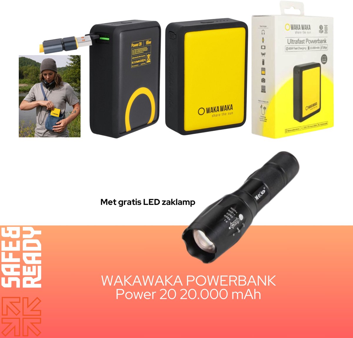 WakaWaka Ultrafast Powerbank 20.000 mAh 65Watt - Kamperen - Outdoor - Survival - MET GRATIS LED ZAKLAMP