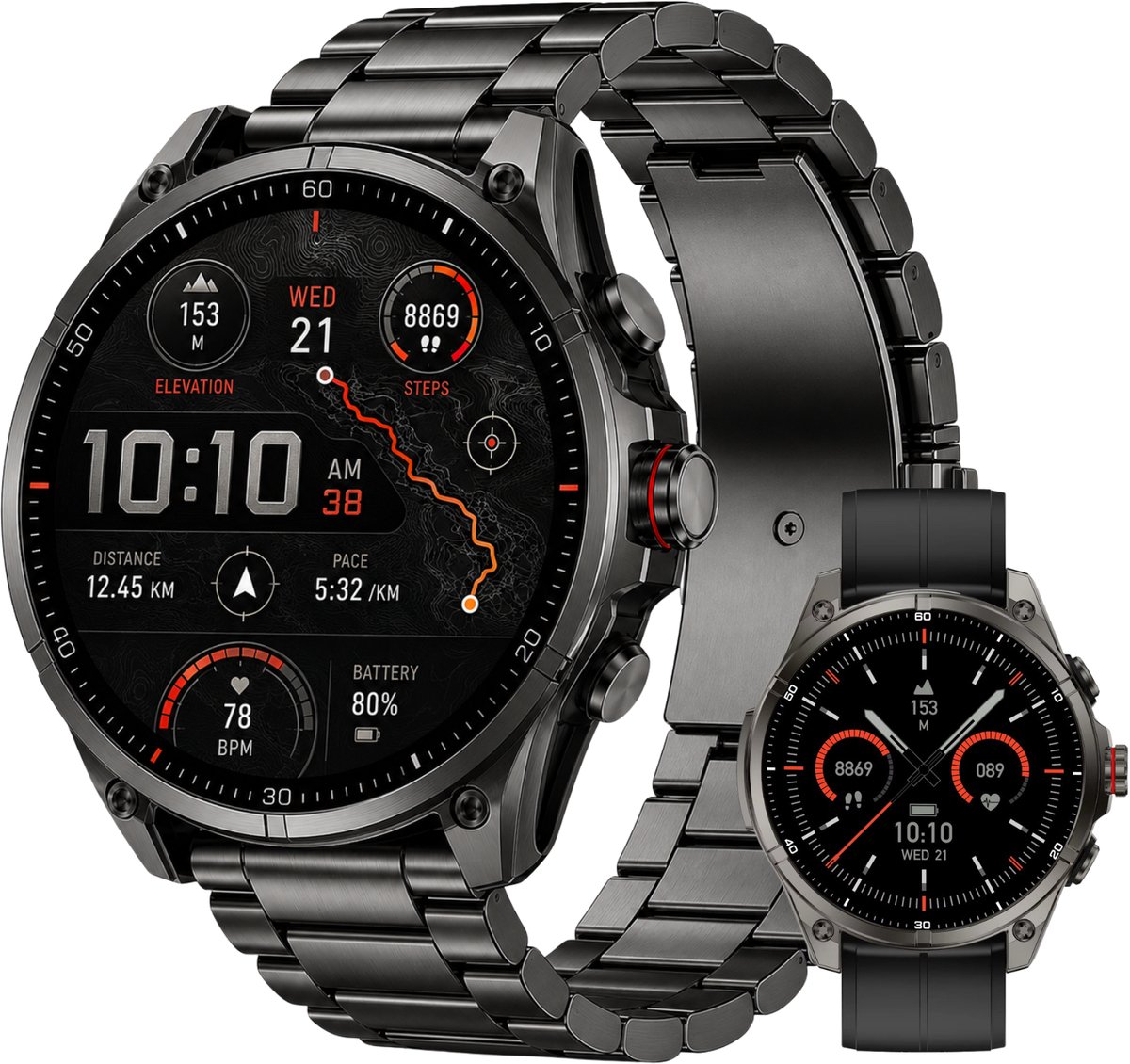 Royal Empire Smartwatch Heren met GPS & Belfunctie – Sporten Zonder Telefoon – 1.43” AMOLED – Hartslag & SpO2 – 5ATM Waterdicht – RVS & TPU Band – Zwart