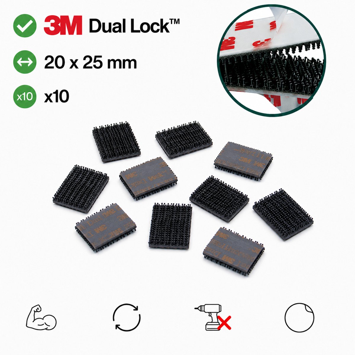 3M Dual Lock Zelfklevende Rechthoekjes 20 x 25 mm – 10 Stuks – Ultra Sterke Herbruikbare Bevestiging – Zwart