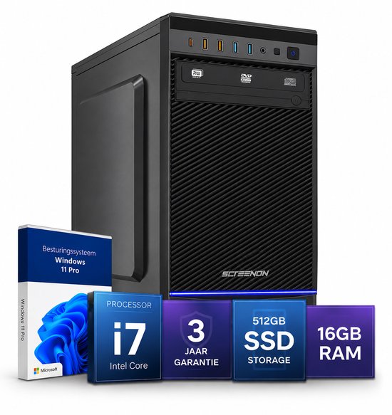 Zwarte SceenON desktop pc met een Intel Core i7 processor, 16GB RAM, 512GB SSD en Windows 11 Pro. Inclusief 3 jaar garantie.
