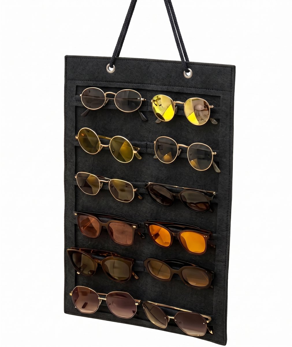 Zonnebrillen Organizer 12 Vakken - Zwart - Vilten Ophangbare Brillenhouder - Wandmontage - Ruimtebesparend - Ideaal voor Thuis, Studenten of Winkels - Brillen Opbergen & Display - Handige Brillen Opberger