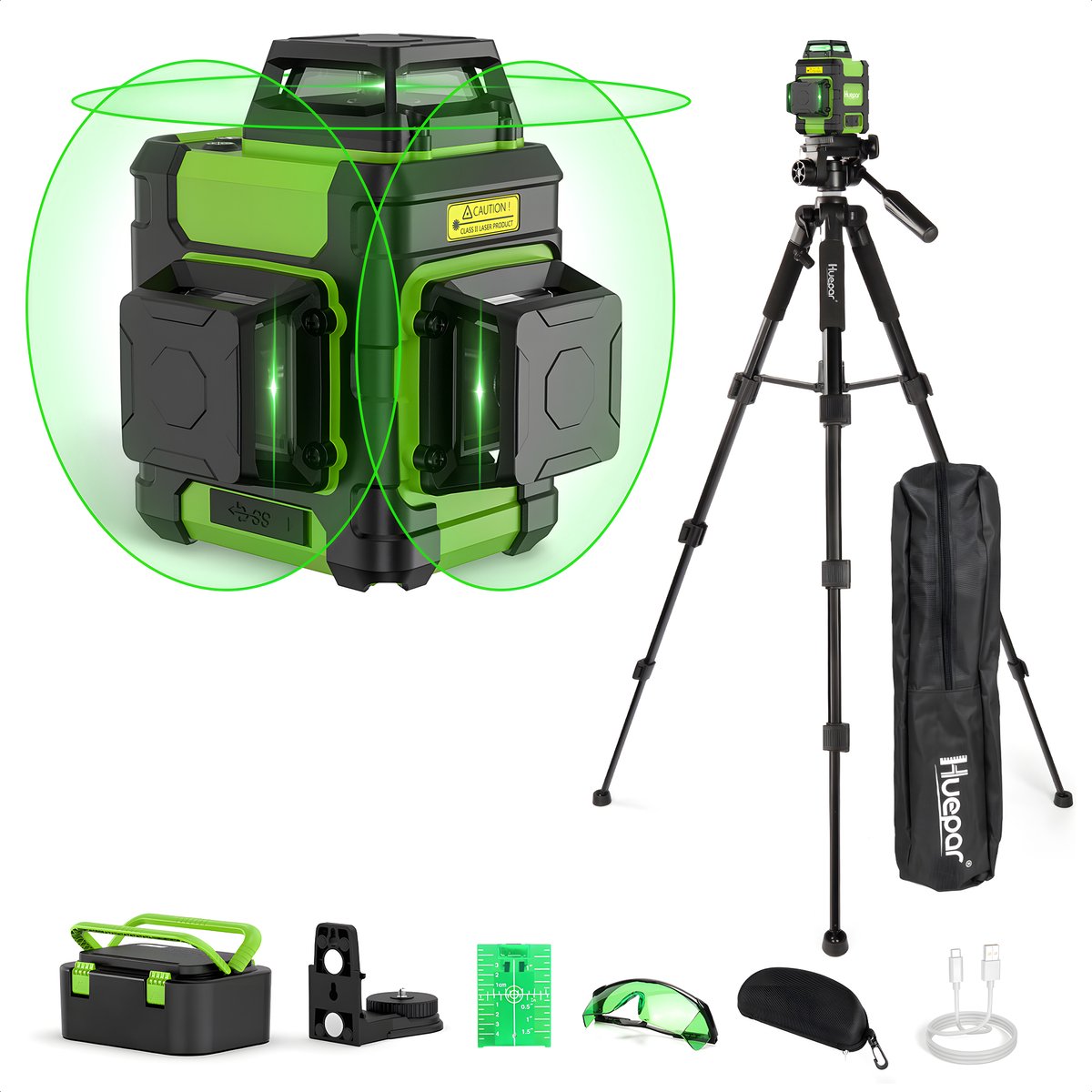 Huepar 3D Kruislijnlaser met Statief 127cm – 3×360° Zelfnivellerend – 12 Lijnen – Groene Lijnlaser – USB-C Oplaadbaar – IP54 – Veiligheidsbril & Laserdoelkaart – HM03CGT