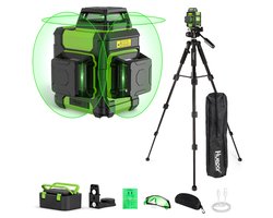 Huepar 3D Kruislijnlaser met Statief 127cm – 3×360° Zelfnivellerend – 12 Lijnen – Groene Lijnlaser – USB-C Oplaadbaar –