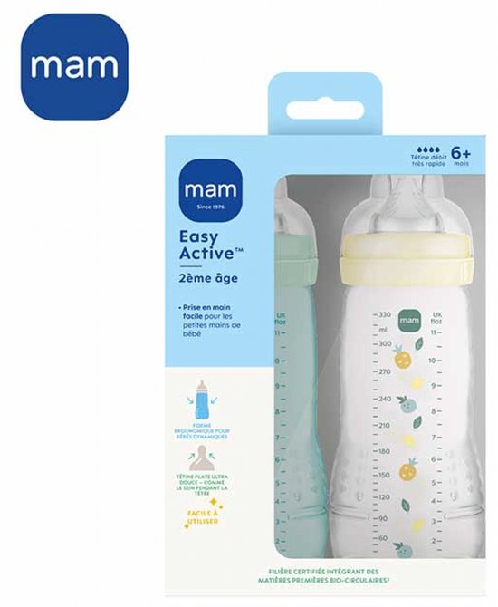 MAM Easy Active 2 Zuigflessen 2e Fase 330 ml 6 Maanden en + Zeer Snelle Doorstroom (Kleur : Parel/Watergroen)