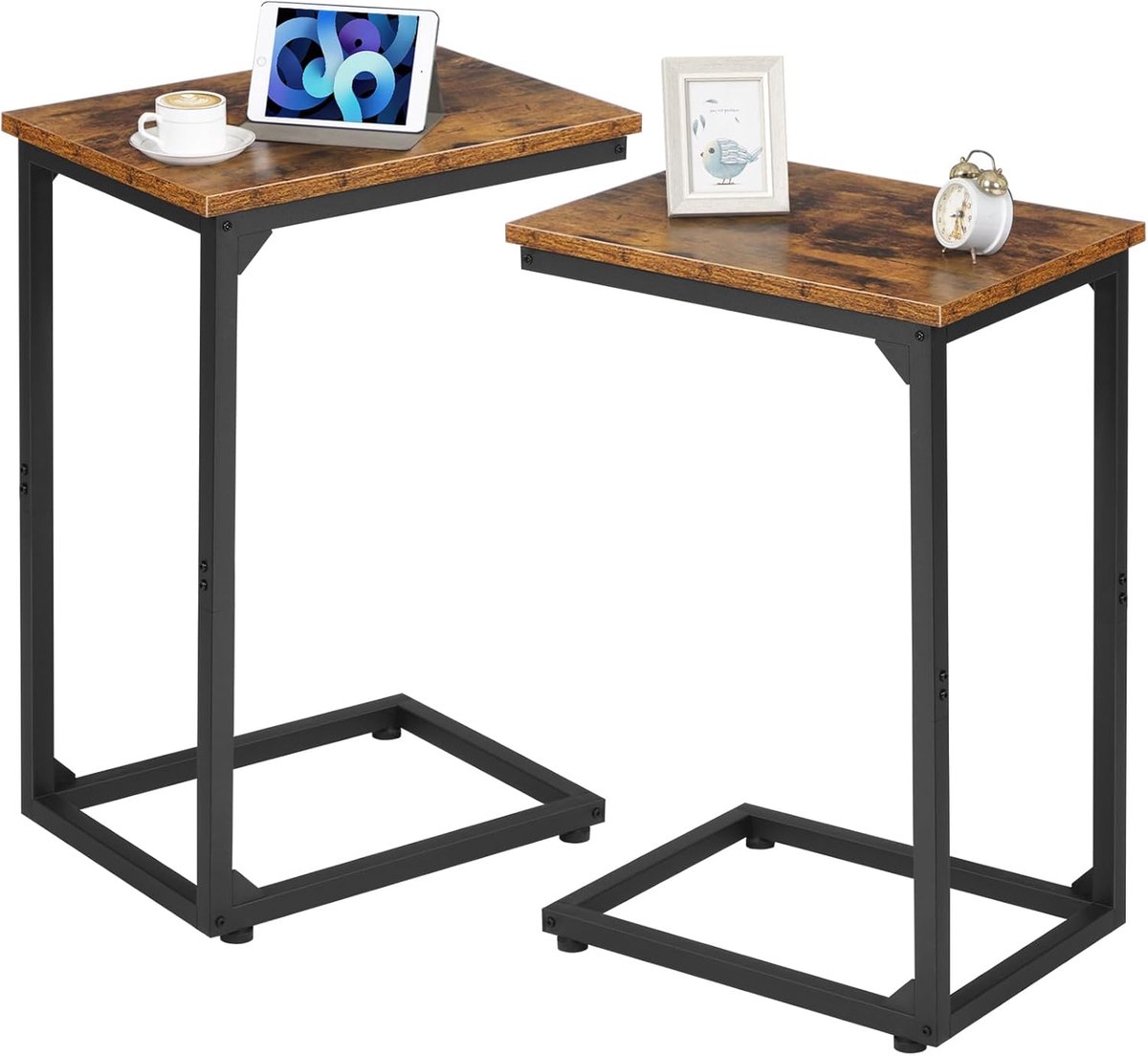 In hoogte verstelbare C-vormige bijzettafel met houten blad en metalen frame