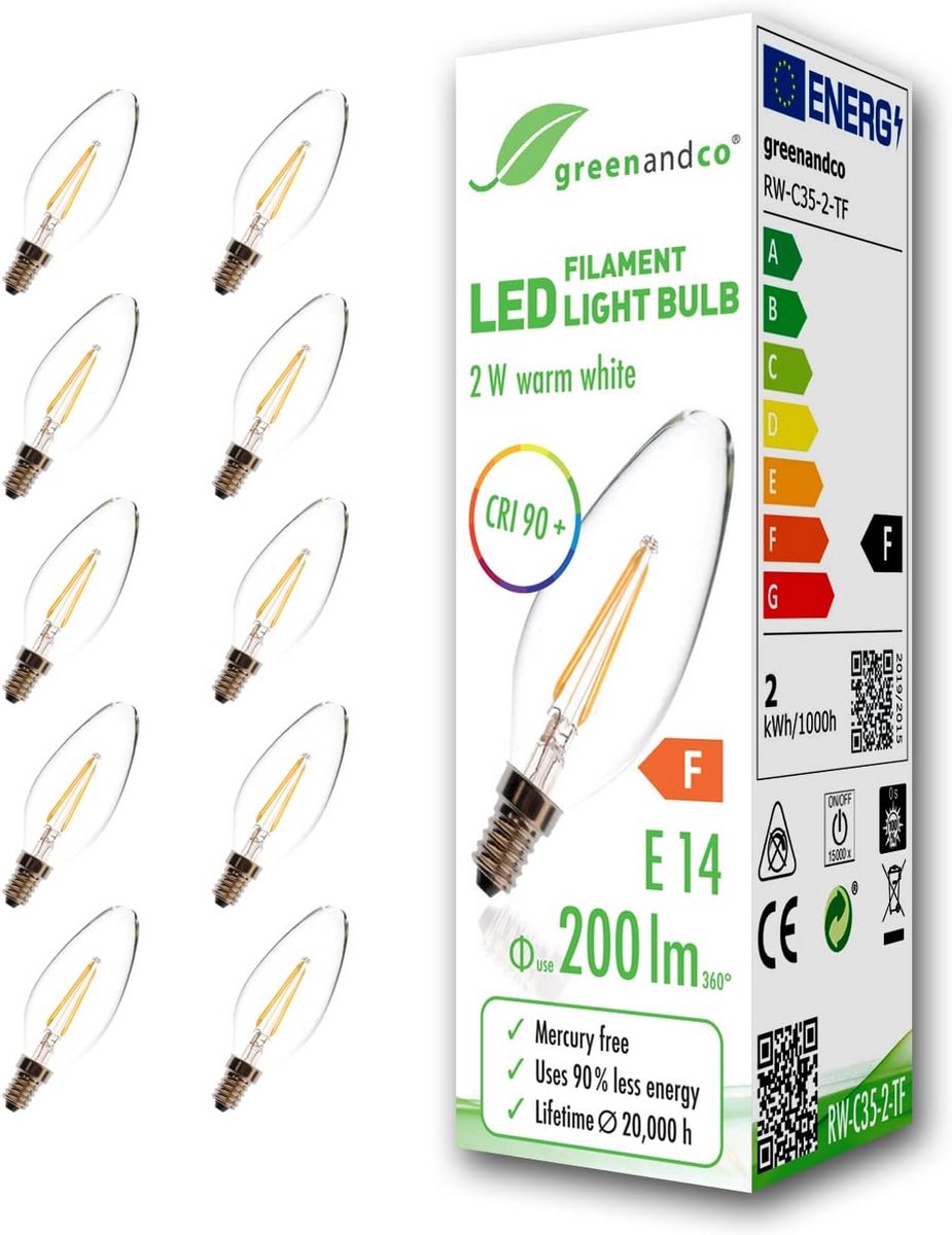 10x Filament LED Kaarslamp E14 2W Warm Wit 2700K CRI90+ Groothoeklicht