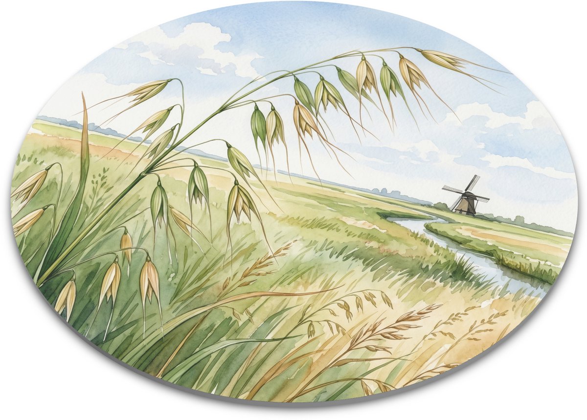 Ronde muismat - Oot Avena Fatua in Hollands Zomerlandschap met Molen - Aquarel Illustratie Bureau Decoratie