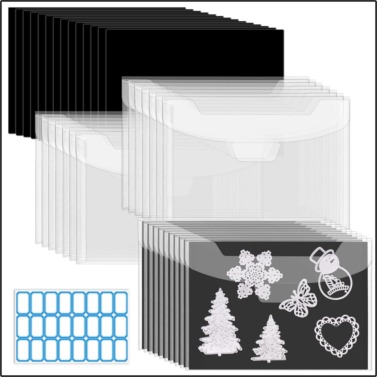 Grote opbergset voor stempels en mallen (24 stuks) - Inclusief 24 opbergzakjes, 24 magneetvellen en 48 stickers - Geschikt voor kunst, knutselen en scrapbooking - Wit, Zwart