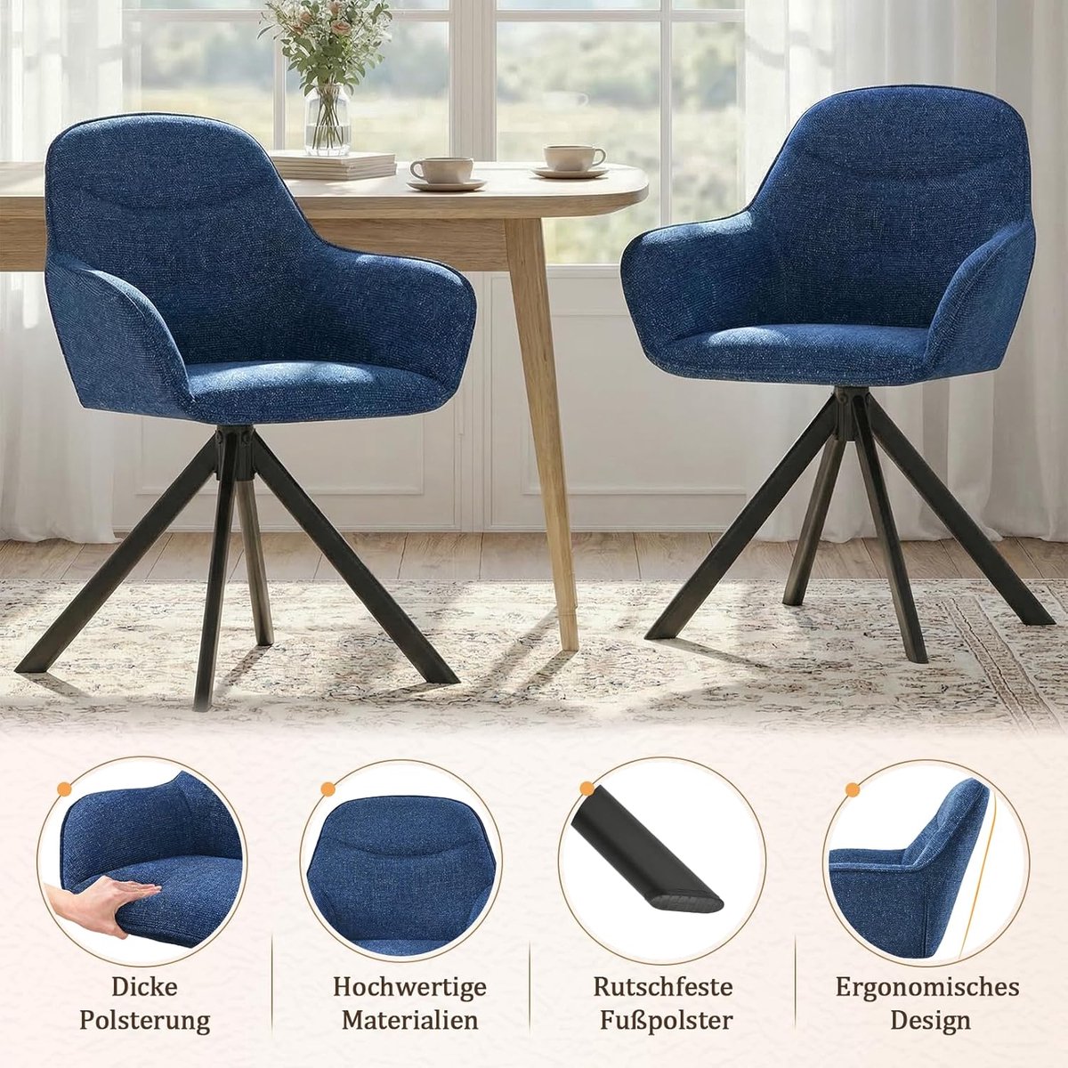 Draaibare Eetkamerstoelen Set van 6 - 59 x 63 x 81 cm - 360° Draaibaar - Chenille Stoelen met Armleuningen - Gestoffeerde Keukenstoelen - Eetkamerstoelen met Metalen Poten - Donkerblauw - Mobili Bella