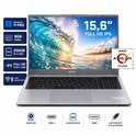Zilverkleurige GMR laptop met golven op het scherm. 15.6" Full HD IPS, AMD Athlon Silver, 8GB RAM, 256GB SSD.