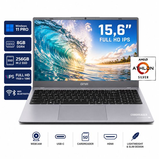 Office Laptop 15.6 Inch Full HD - Windows 11 Pro - 8GB RAM - 256GB SSD - GMR Notebook voor Studie, School, Office, Internet, E-mail en Thuiswerken - AMD Athlon Silver - Studenten Laptop - Werk Laptop - GMR - Hoofdafbeelding