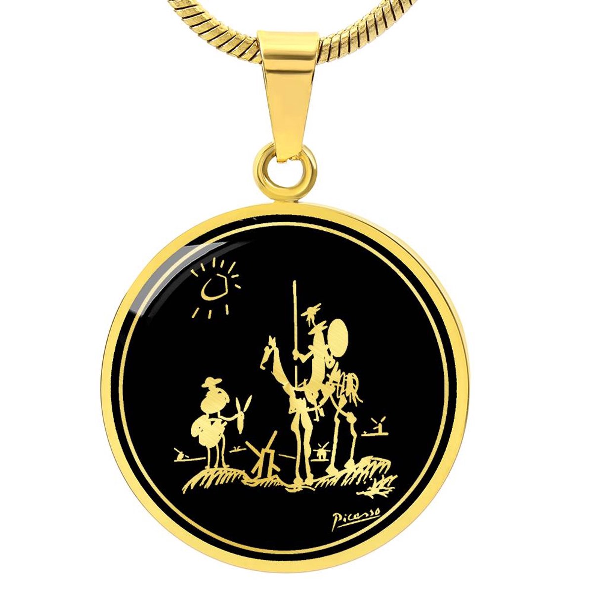 Symbolic Gifts - Don Quichot Ketting Goud Kleurig Waterproof Don Quixote Hanger - Premium Stainless Steel - Sieraad Cadeau - Verstelbaar 45 - 56 cm