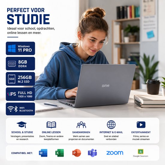 Jongedame met opgestoken haar in blauwe hoodie, werkend op een zilverkleurige GMR laptop. Ideaal voor studie.