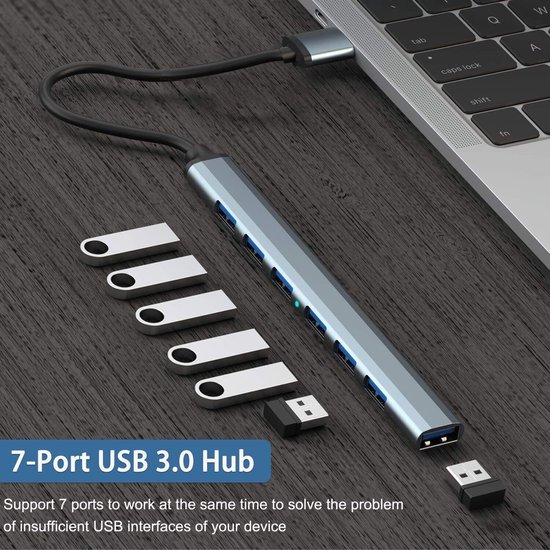 USB Hub - Poorten Uitbreider - Apparaten Koppelen - 7 Gelijktijdige Poorten - 5 Gbps Snelheid - Zilver — afbeelding 4