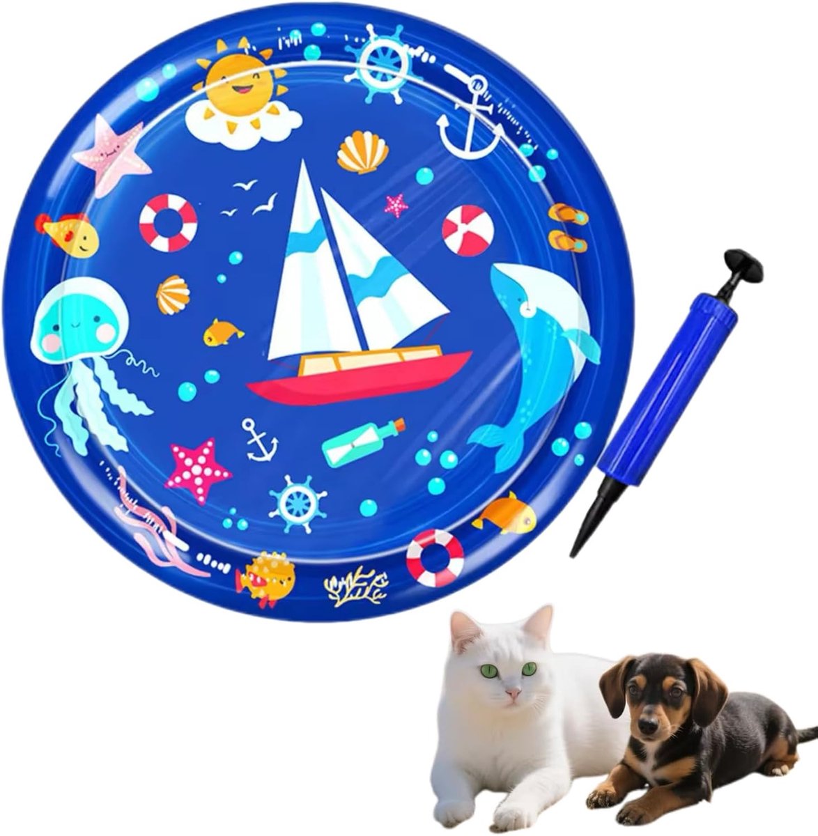 Watermat voor huisdieren – Koelmat voor honden en katten – Opblaasbare speelmat – Inclusief handpomp – PVC-materiaal – Ideaal voor verkoeling en waterspel in de zomer – Diameter 100 cm – Nautisch motief