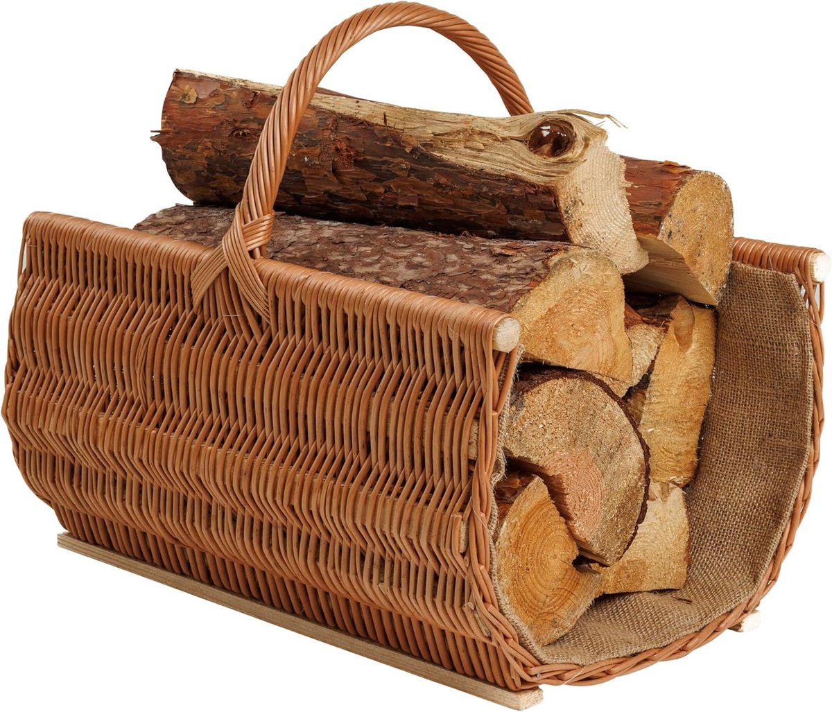 Rieten mand met handvat voor open haard houtopslag en decoratie