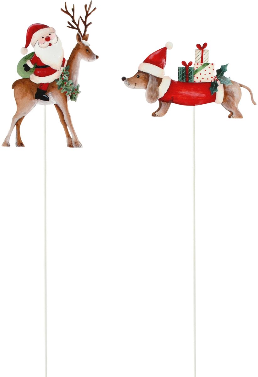 Dekoratief | Tuinprikker santa/kersthond, rood, metaal, 12x35x1cm, set van 2 stuks | A265948
