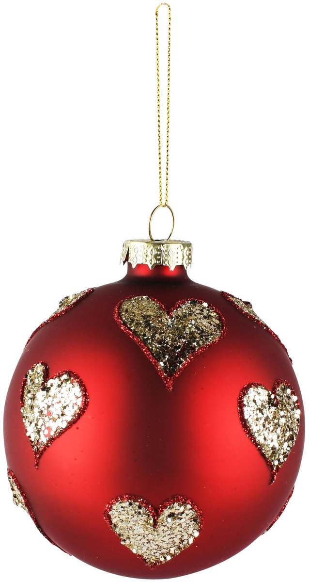 Dekoratief | Hanger bal m/hartjes, rood/goud, glas, 8x8x8cm | A265987