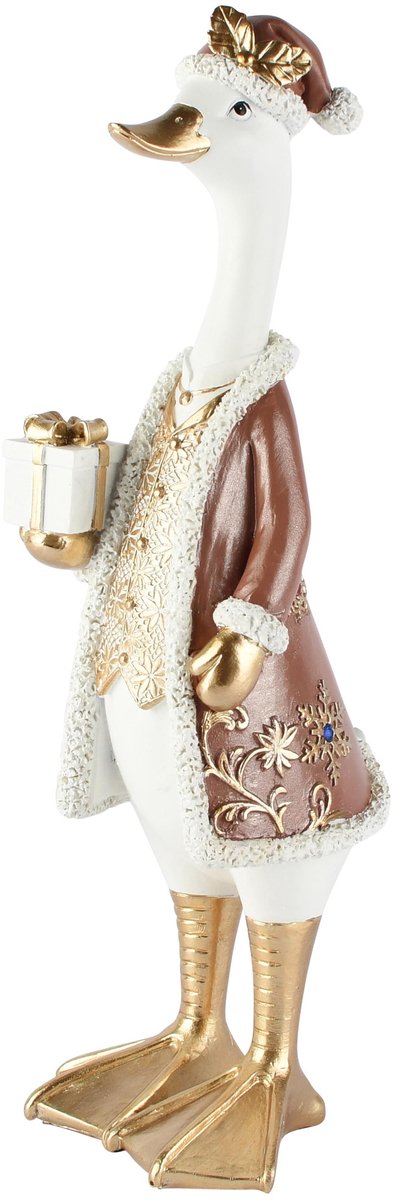 Dekoratief | Eend staand m/cadeautje, wit/goud, resina, 11x12x34cm | A265898