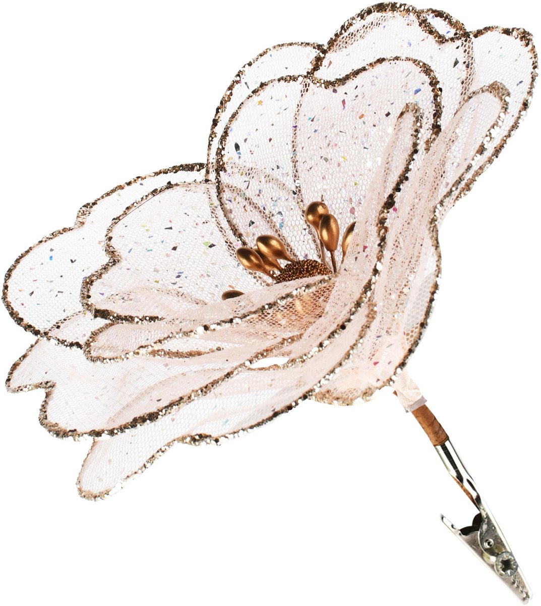 Dekoratief | Deco bloem op clip, roze/goud, polyester, 15x15x7cm | A265577
