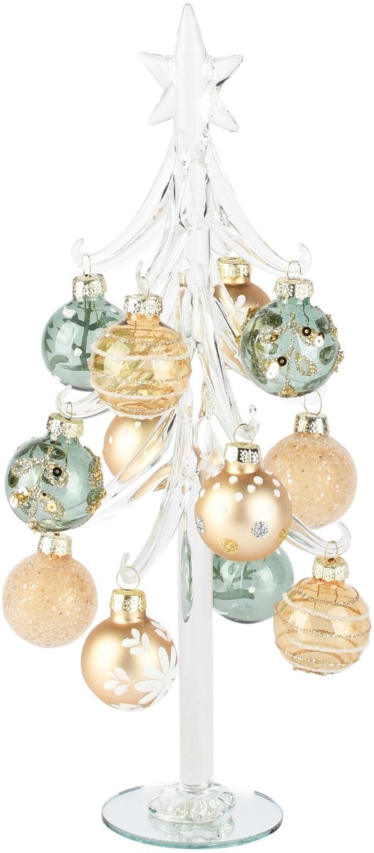 Dekoratief | Kerstboompje m/balletjes, transparant/groen/goud, glas, 10x10x27cm | A265649