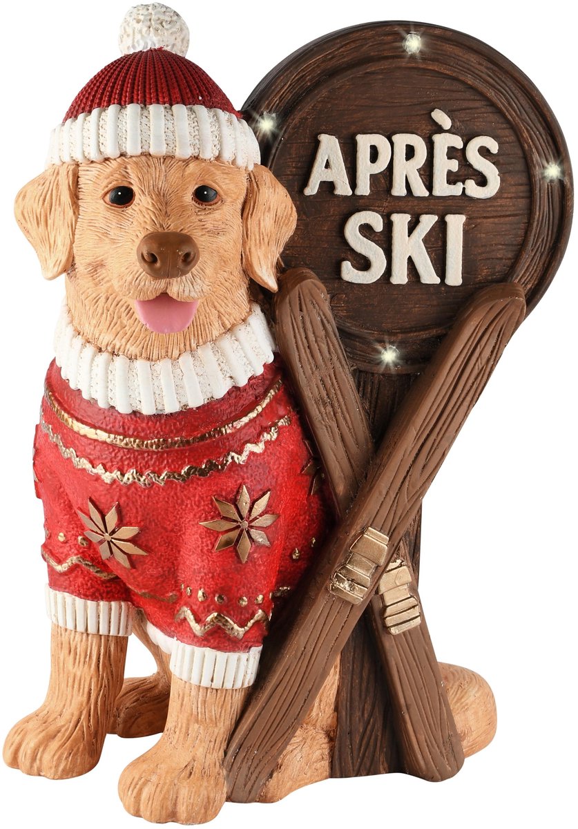 Dekoratief | Hond 'Apr?s Ski', rood/bruin, magnesium, LED, 32x24x45cm | A265843
