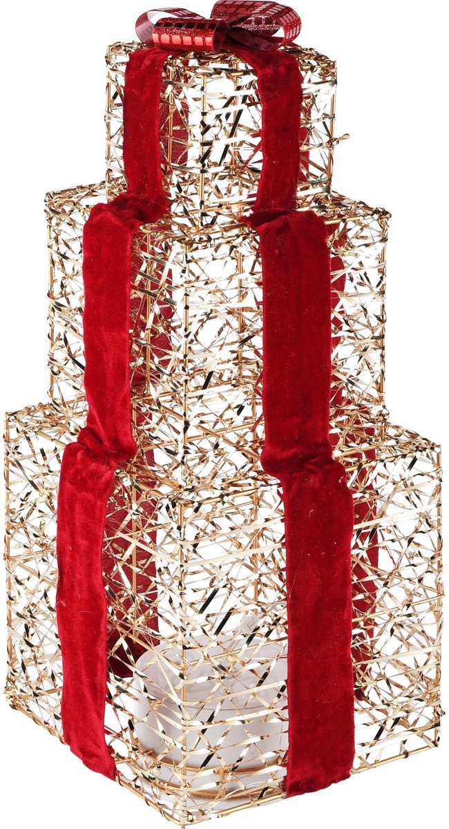 Dekoratief | Stapel cadeautjes m/strik, goud/rood, draait 360?, LED, 15x15x36cm | A265314