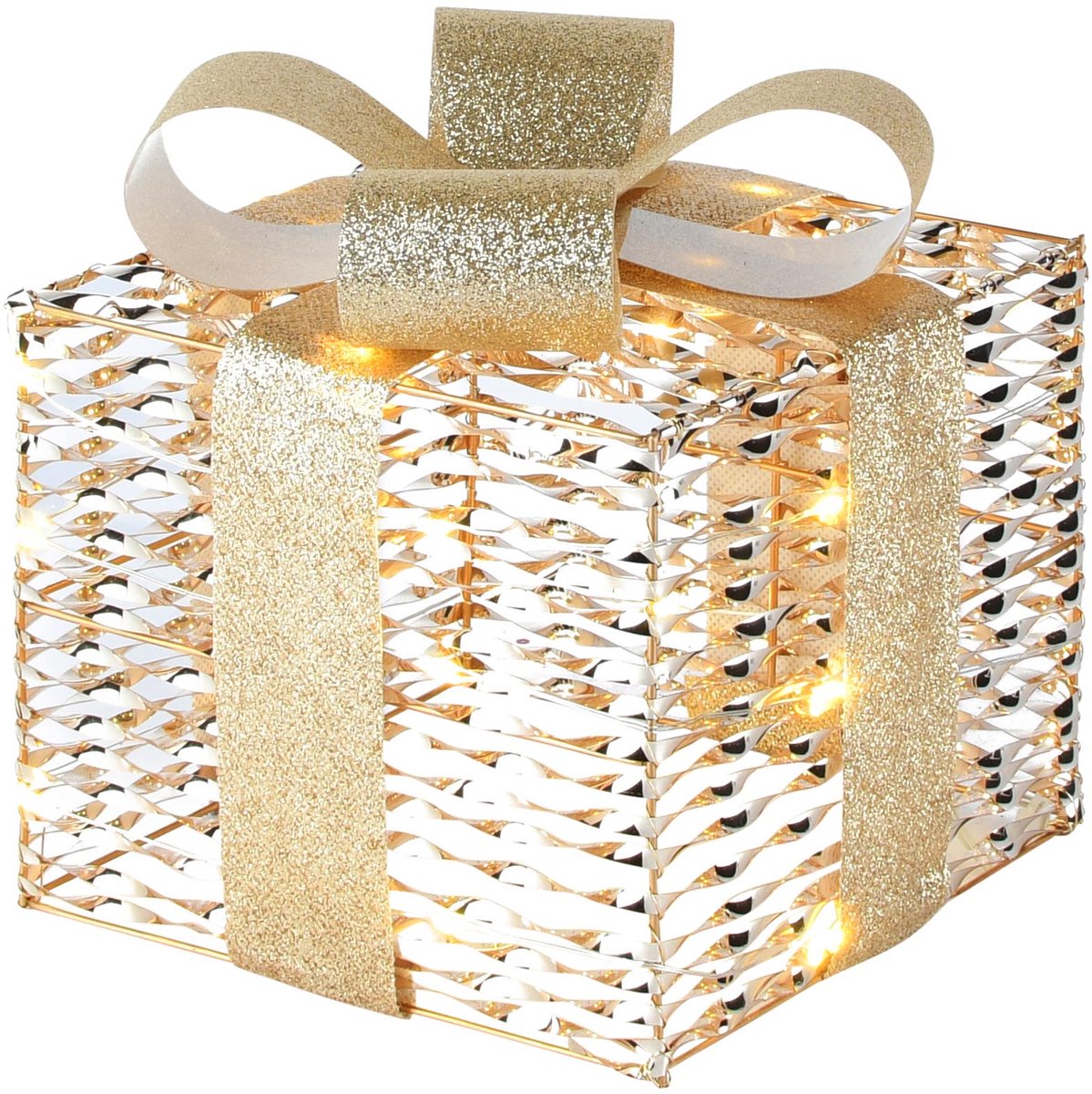 Dekoratief | Deco cadeautje m/strik, goud, LED, 15x15x17cm | A265313