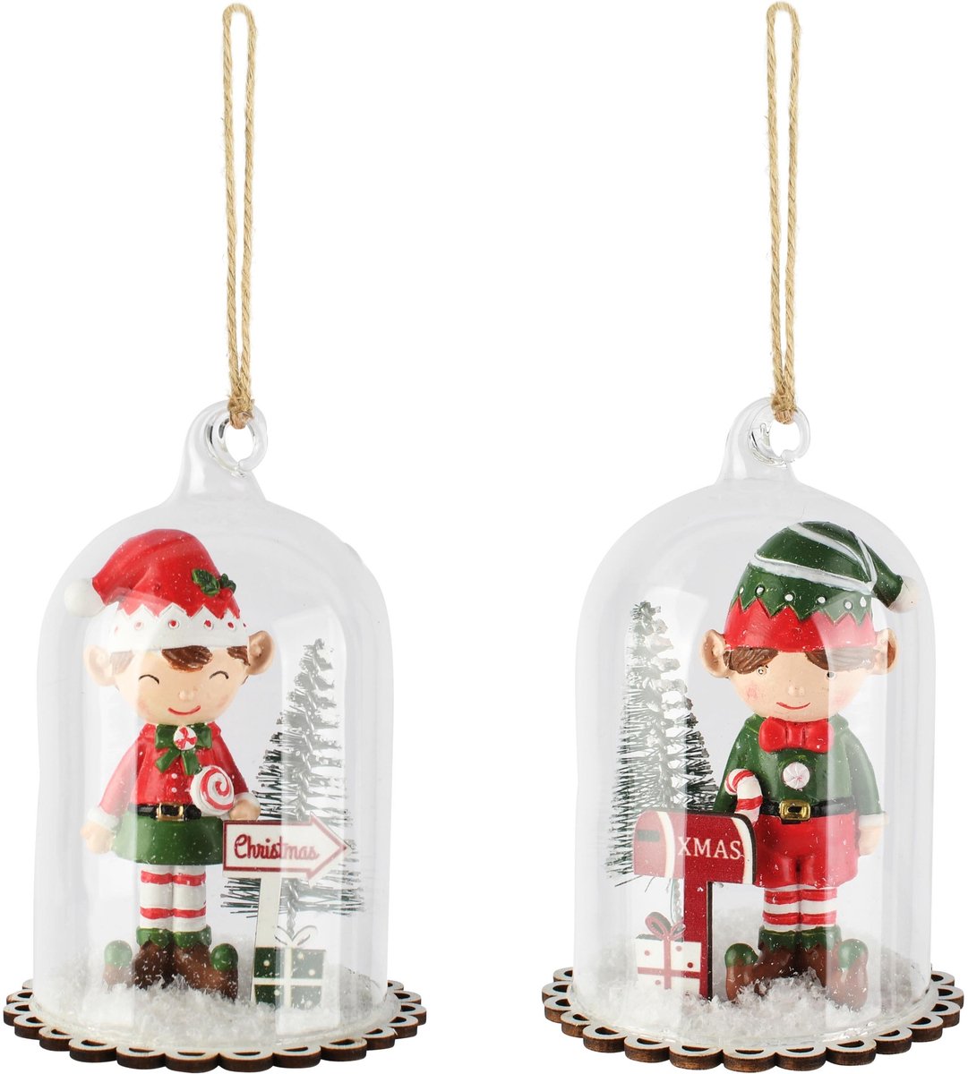 Dekoratief | Hanger globe m/kerstelfje, groen/rood, glas, 7x7x11cm, set van 2 stuks | A265263
