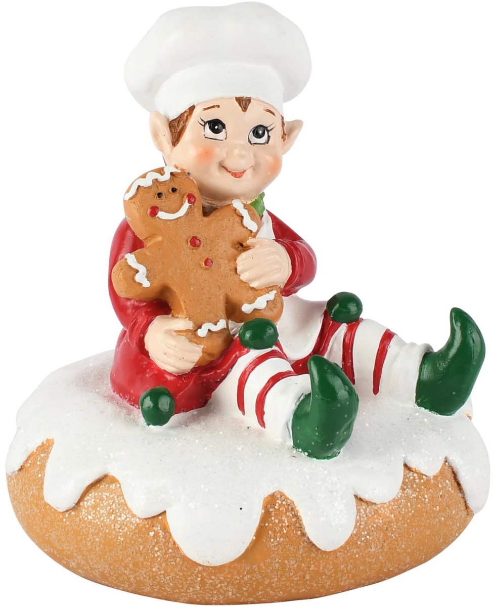 Dekoratief | Bakkerselfje op donut, rood/bruin/wit, resina, 10x9x11cm | A265440
