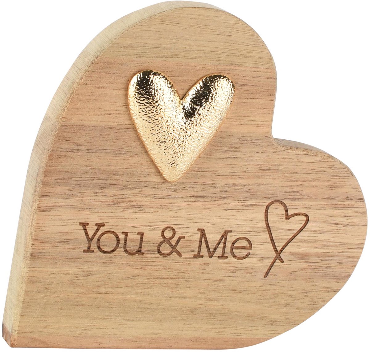 Dekoratief | Deco hart 'You & Me', naturel/goud, hout, 15x2x15cm | A265207
