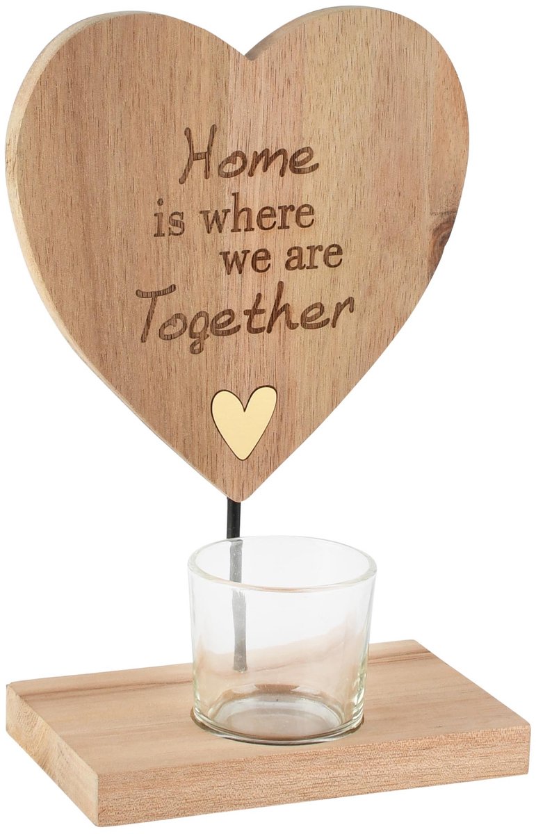 Dekoratief | Theelichthouder 'Home Together', naturel, hout/glas, 14x9x21cm | A265210